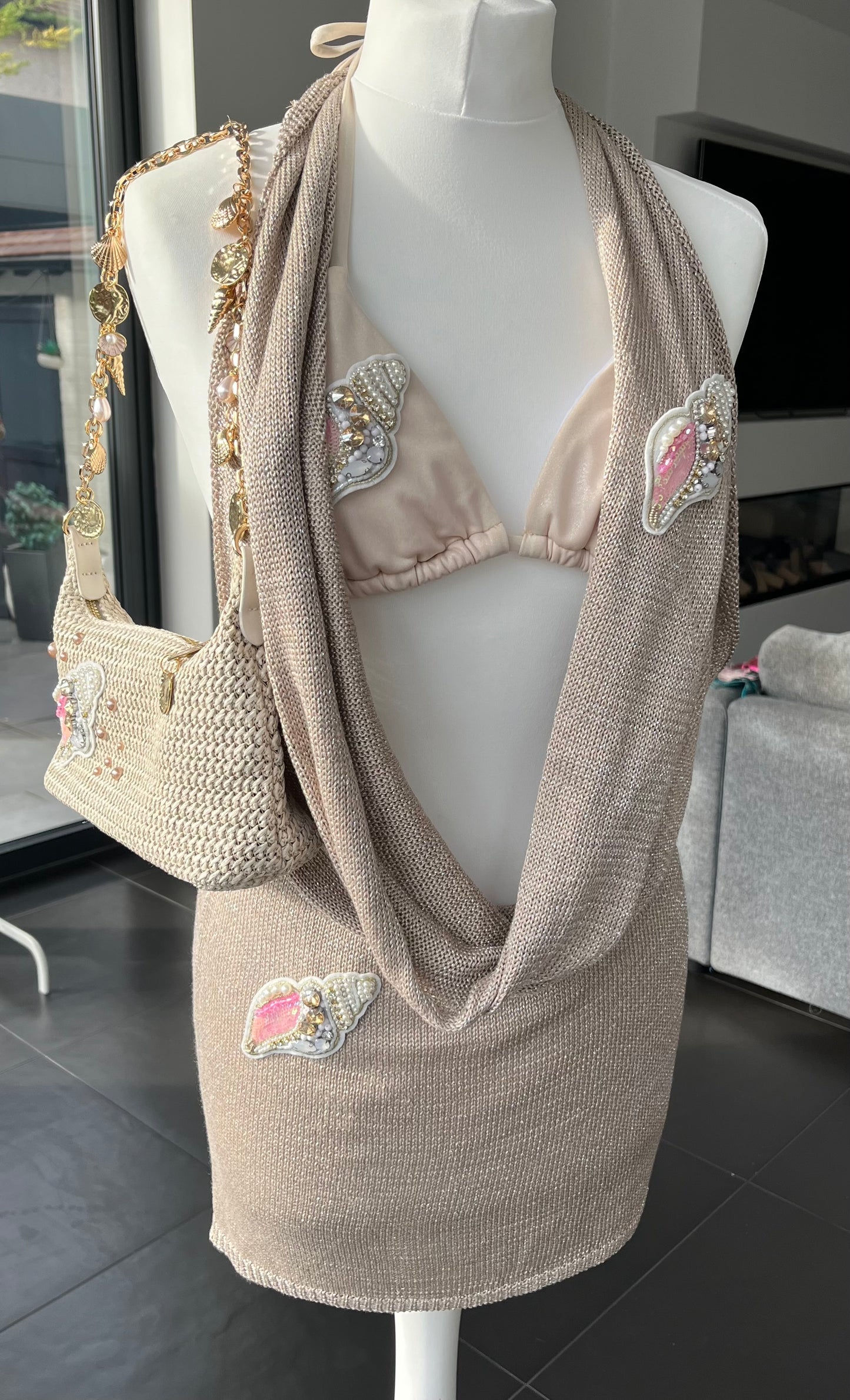 Beige beaded shell slouch front backless dress