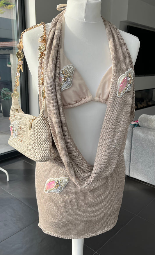 Beige beaded shell slouch front backless dress