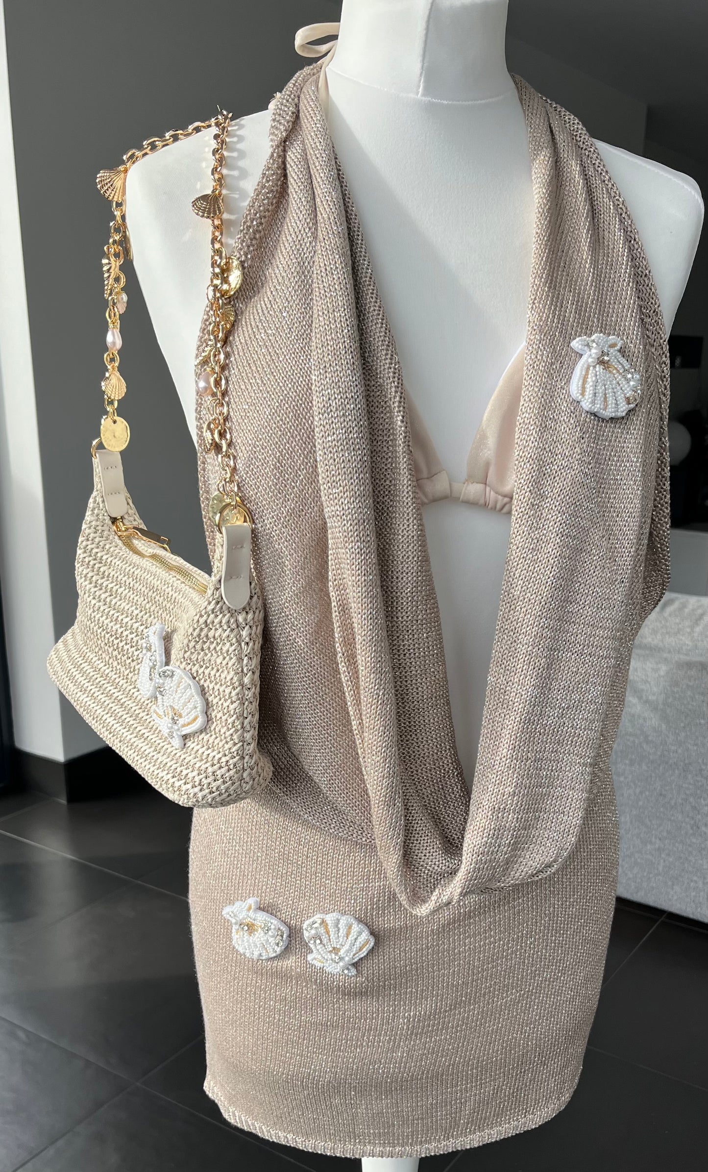 Beige beaded seashells knit slouch front backless dress