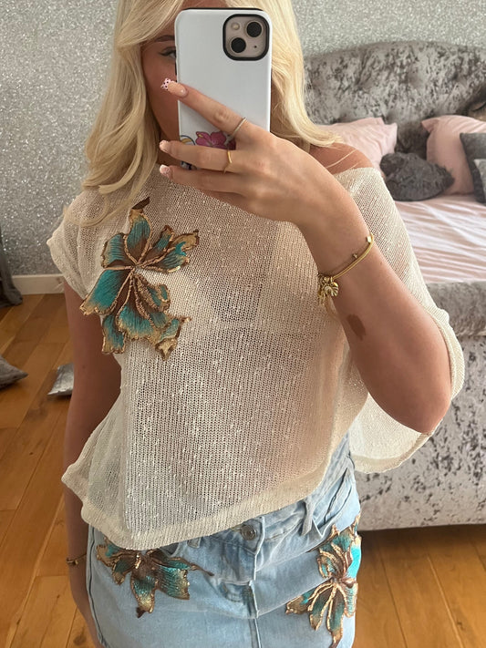 Beige teal blossom poncho cover up