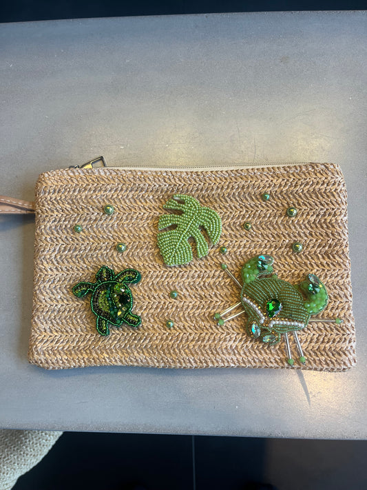 Beige matcha beaded selection pouch / clutch bag