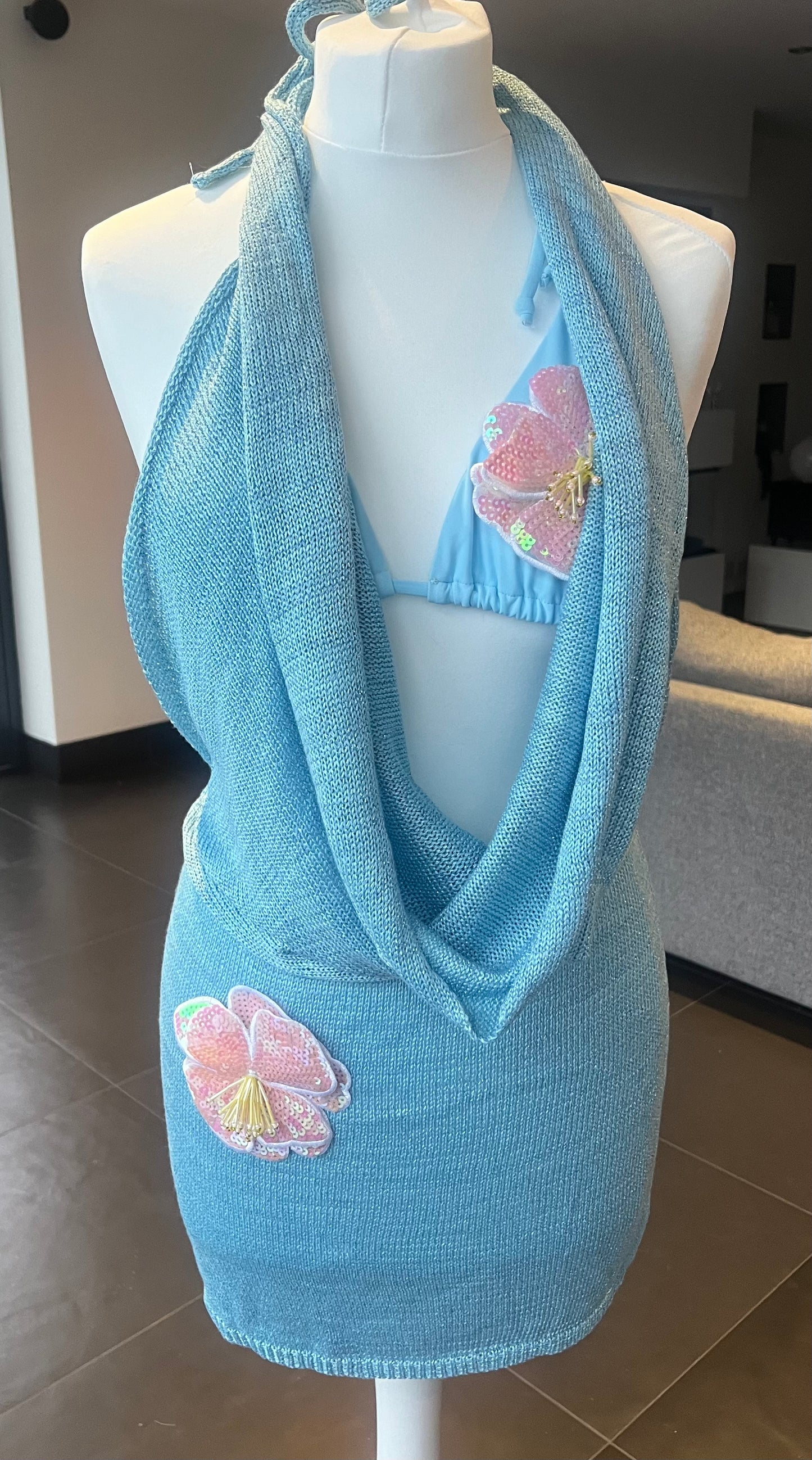 Blue pink flora slouch front backless dress