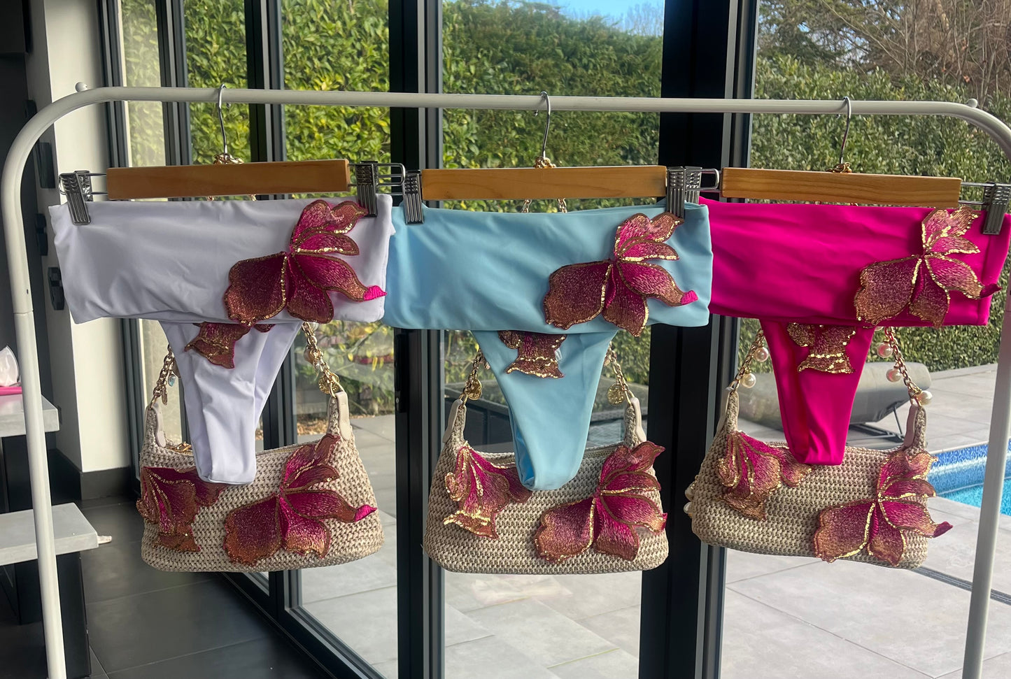 Blue Pink blossom bandeau bikini
