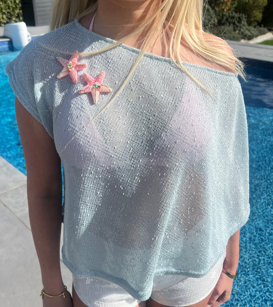 Blue double pink starfish poncho cover up