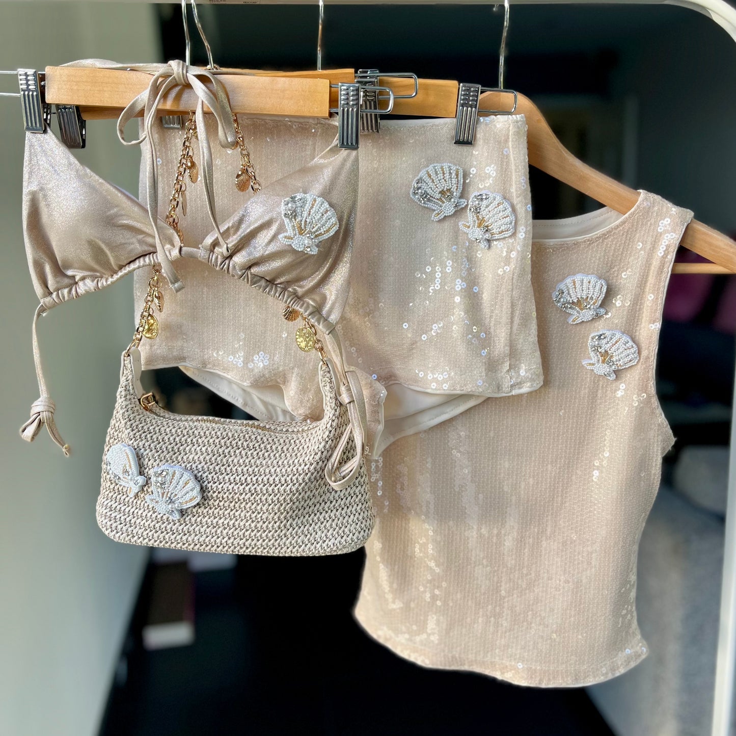 Beige beaded seashell charm bag