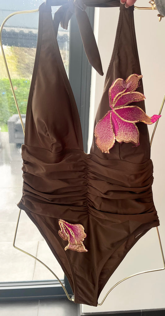 Brown pink blossom one piece swimsuit