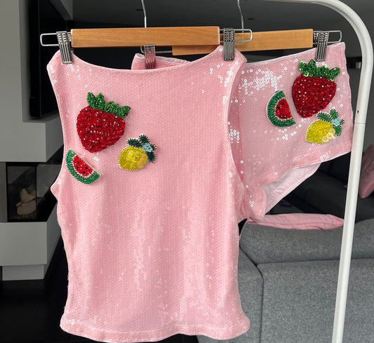 Pink beaded summer fruits sequin tank & shorts SET
