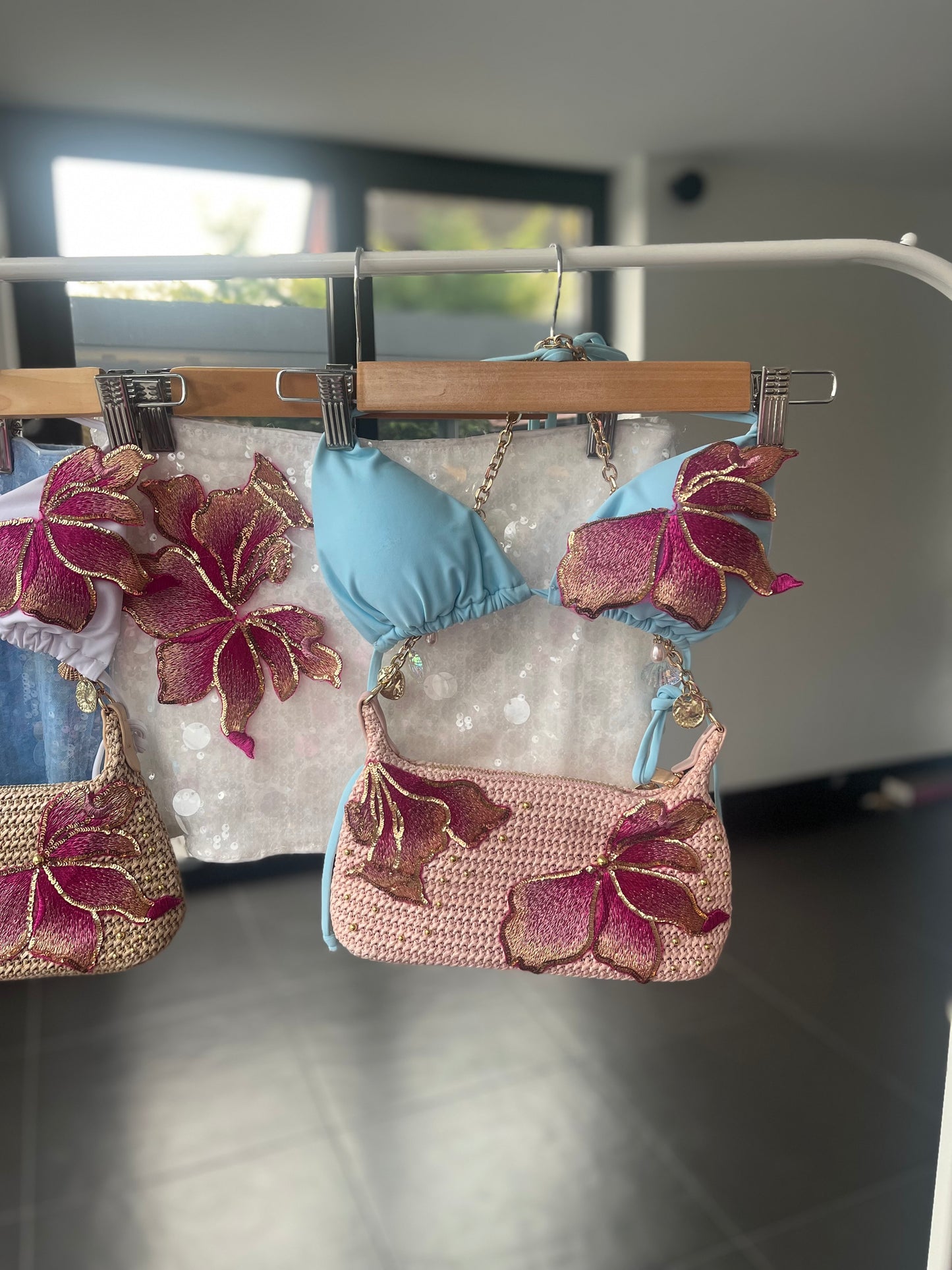 White pink blossom sequin skort