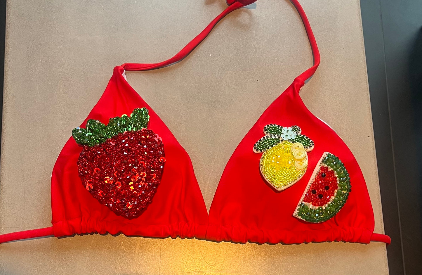 Red beaded summer fruits bikini