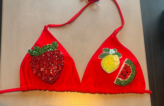 Red beaded summer fruits bikini
