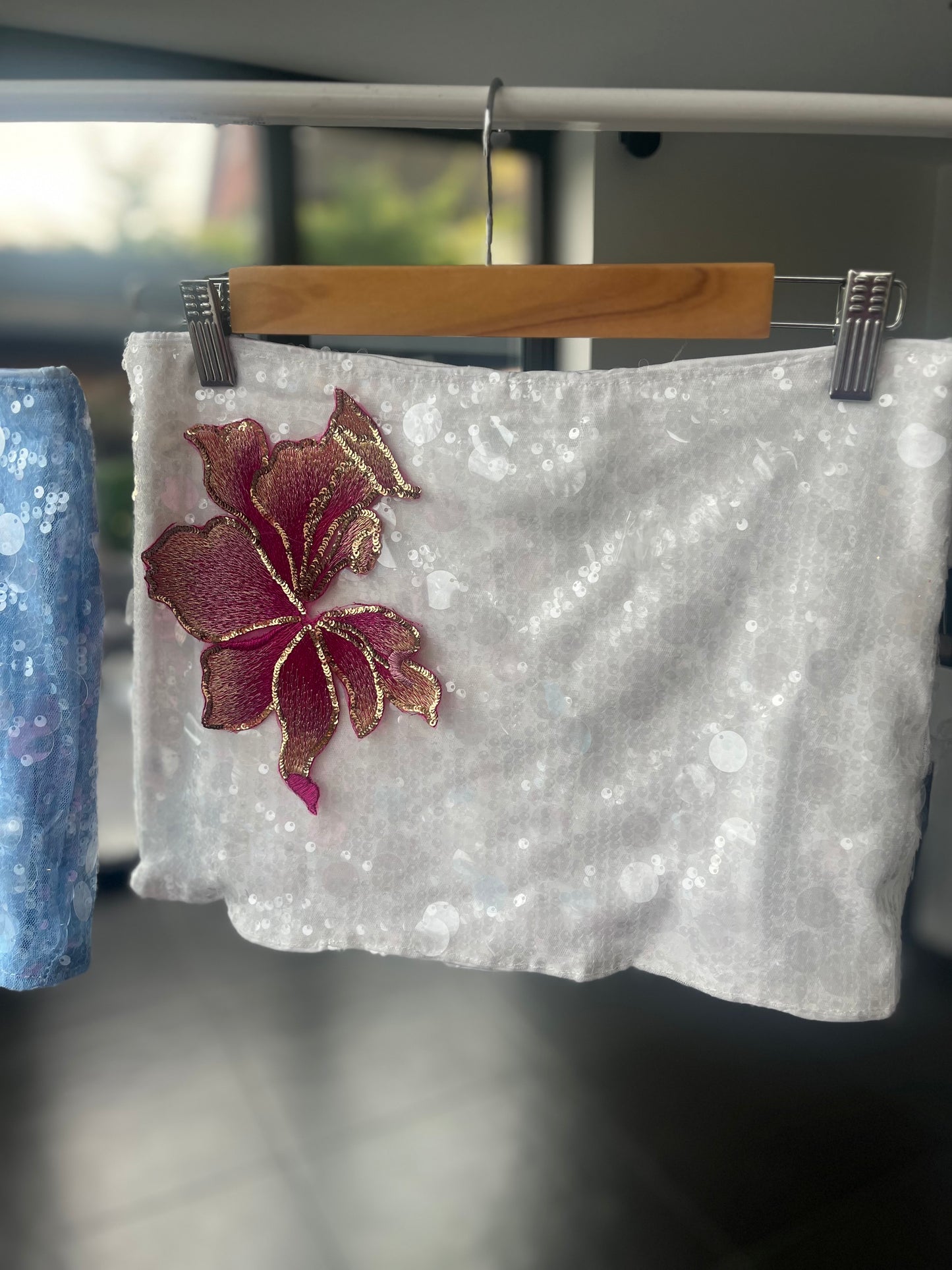 White pink blossom sequin skort