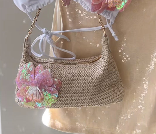 Beige / pink flora charm bag