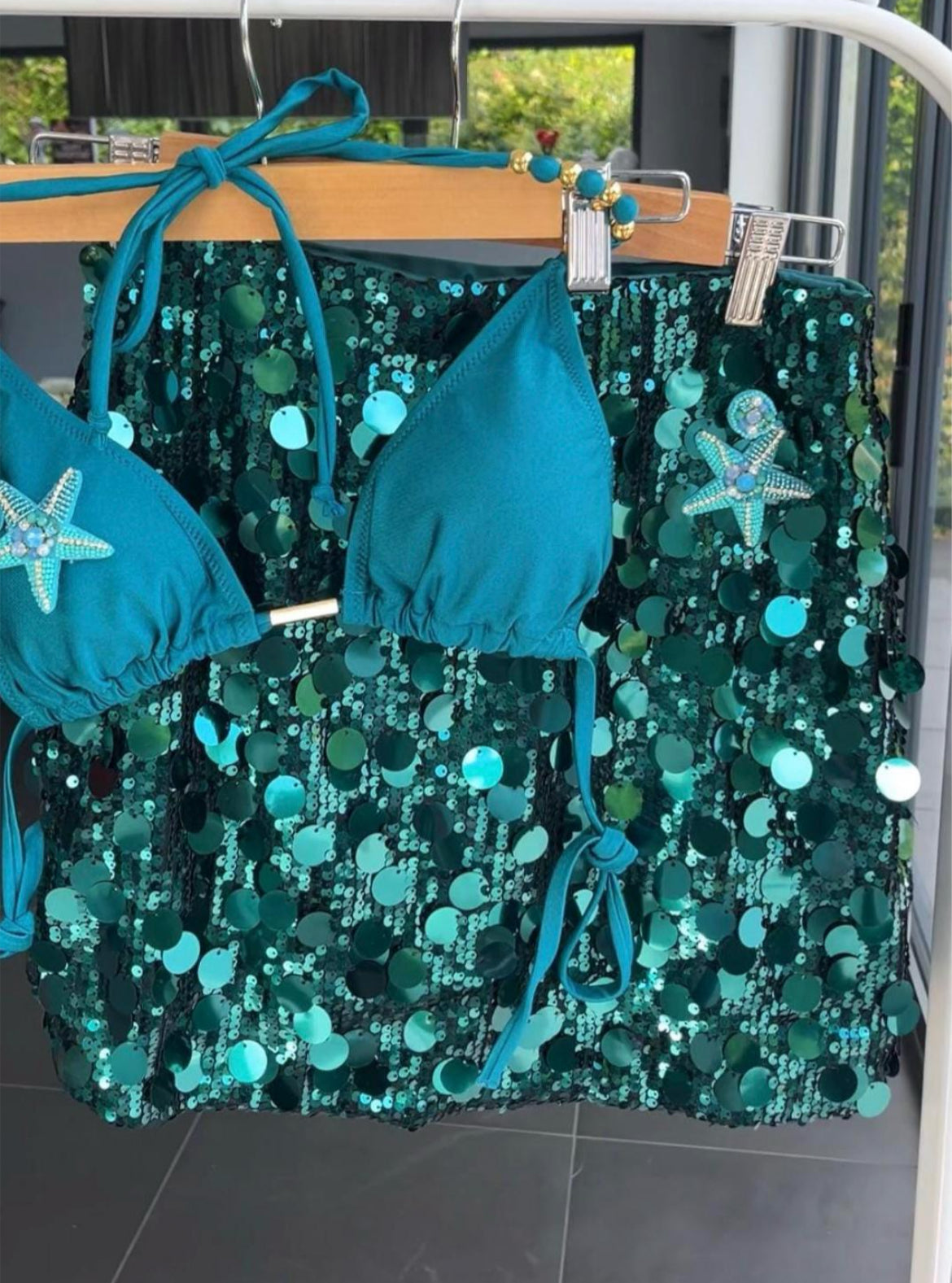 Teal / blue starfish sequin skirt