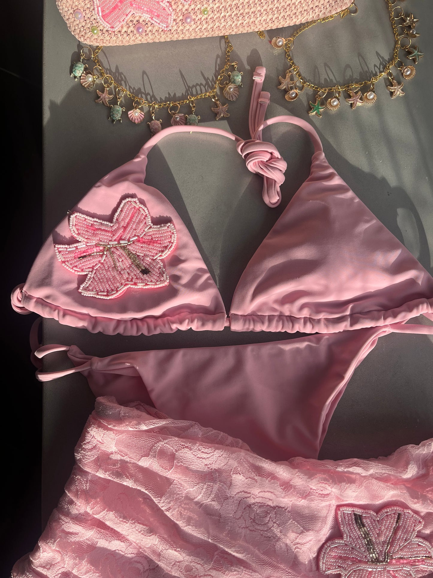 Pink beaded flora bikini