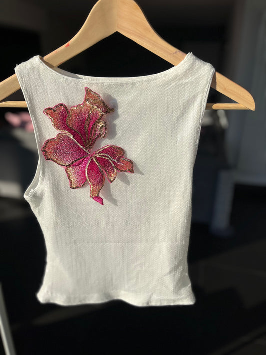 White pink blossom sequin Tank top ONLY