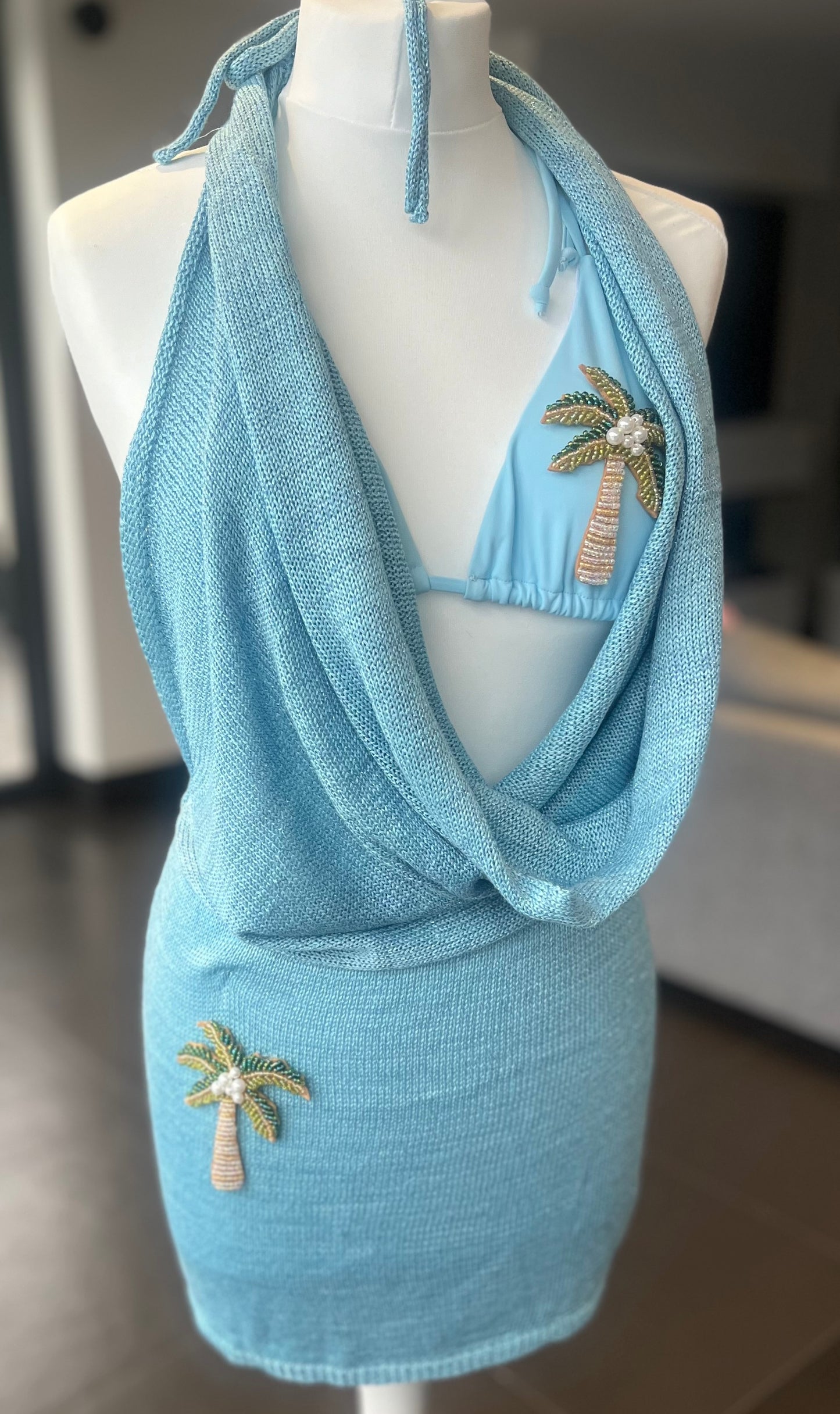 Blue beaded palm tree slouch front backless dress