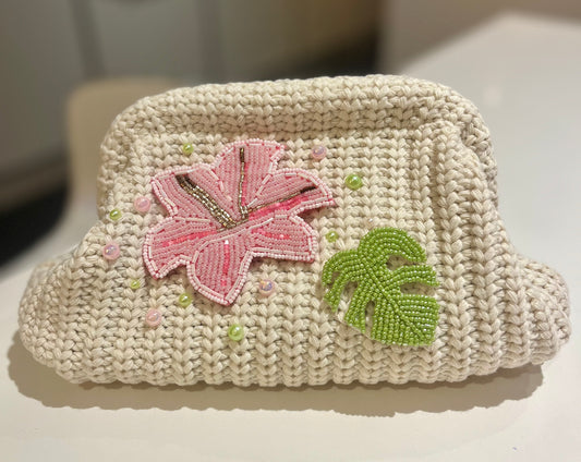 Crème beaded flora & leaf clutch bag