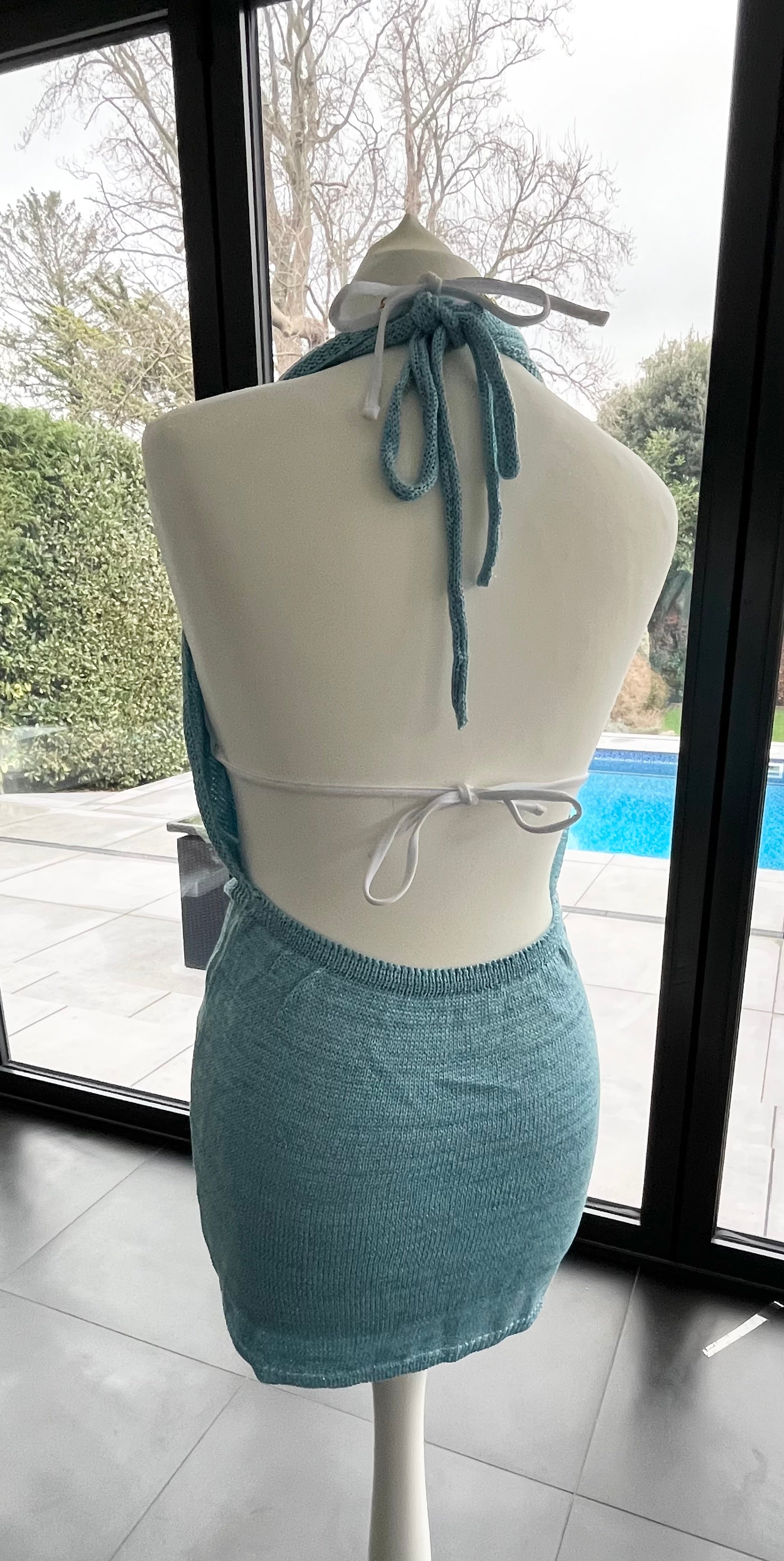 Blue ocean blossom knit slouch front backless dress  Graciela Boutique