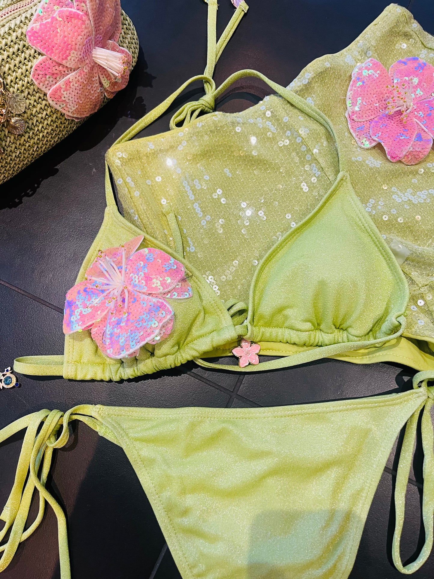 NEW style Matcha / pink flora bikini