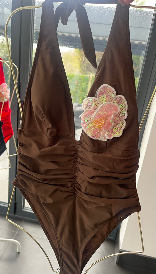 Brown pink flora one piece swimsuit