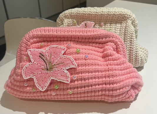 Pink beaded flora clutch bag