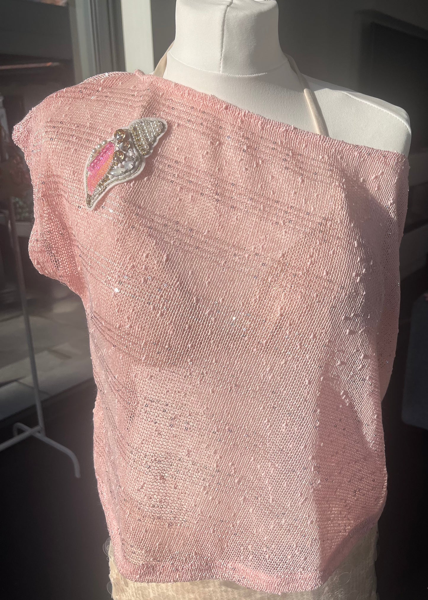 Pink beaded shell poncho cover up
