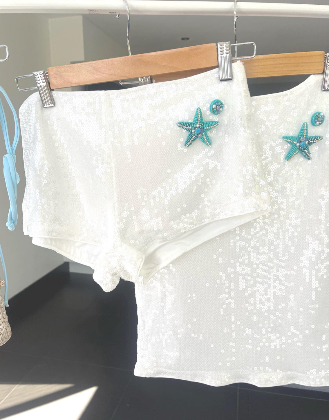 White / blue starfish sequin shorts ONLY