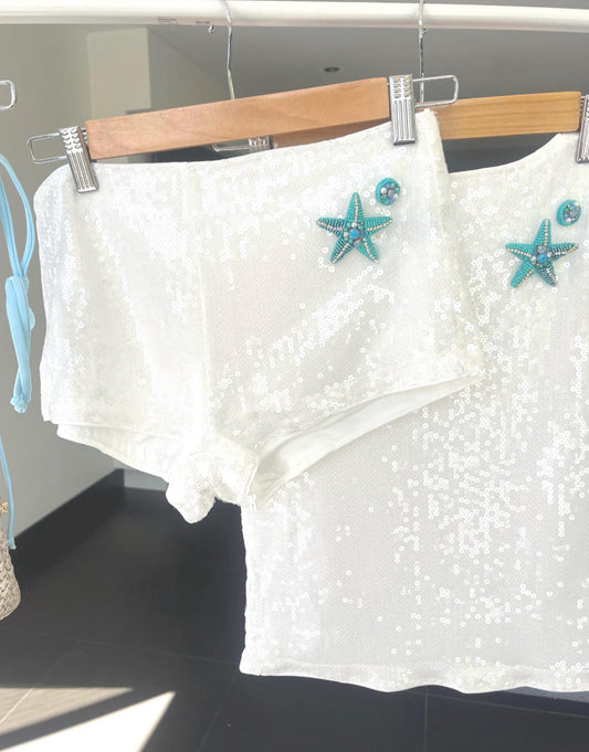 White / blue starfish sequin Tank & shorts SET