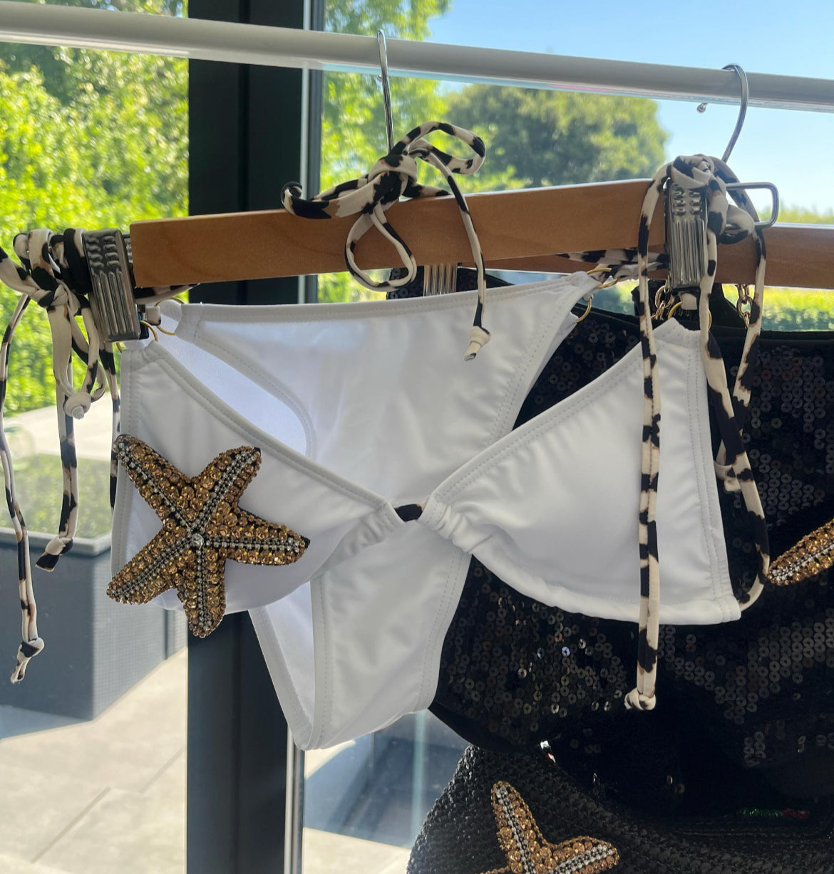 White / gold Gem starfish bikini Contrast Cow print ties - One of a kind