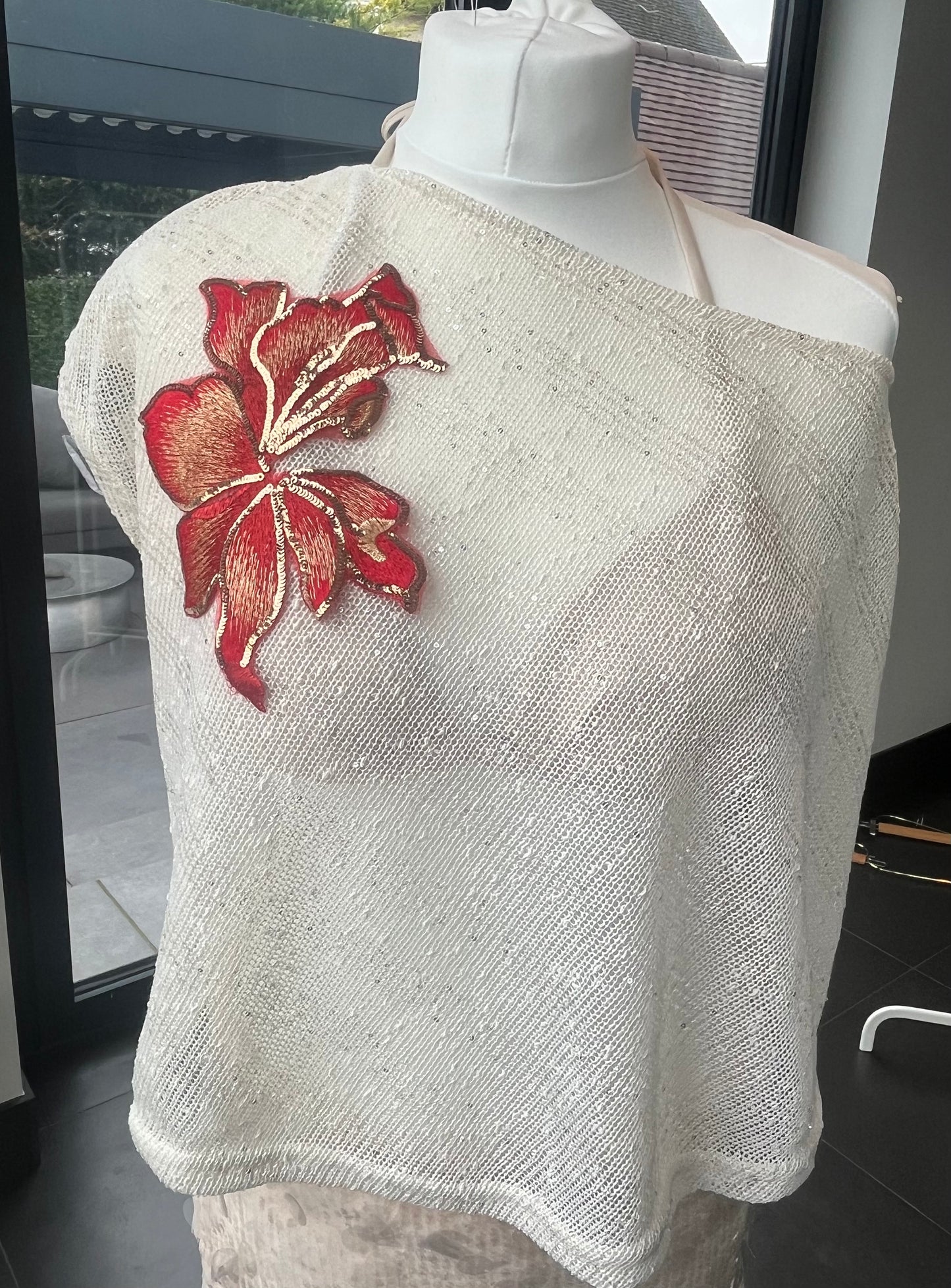 Beige Red blossom poncho cover up