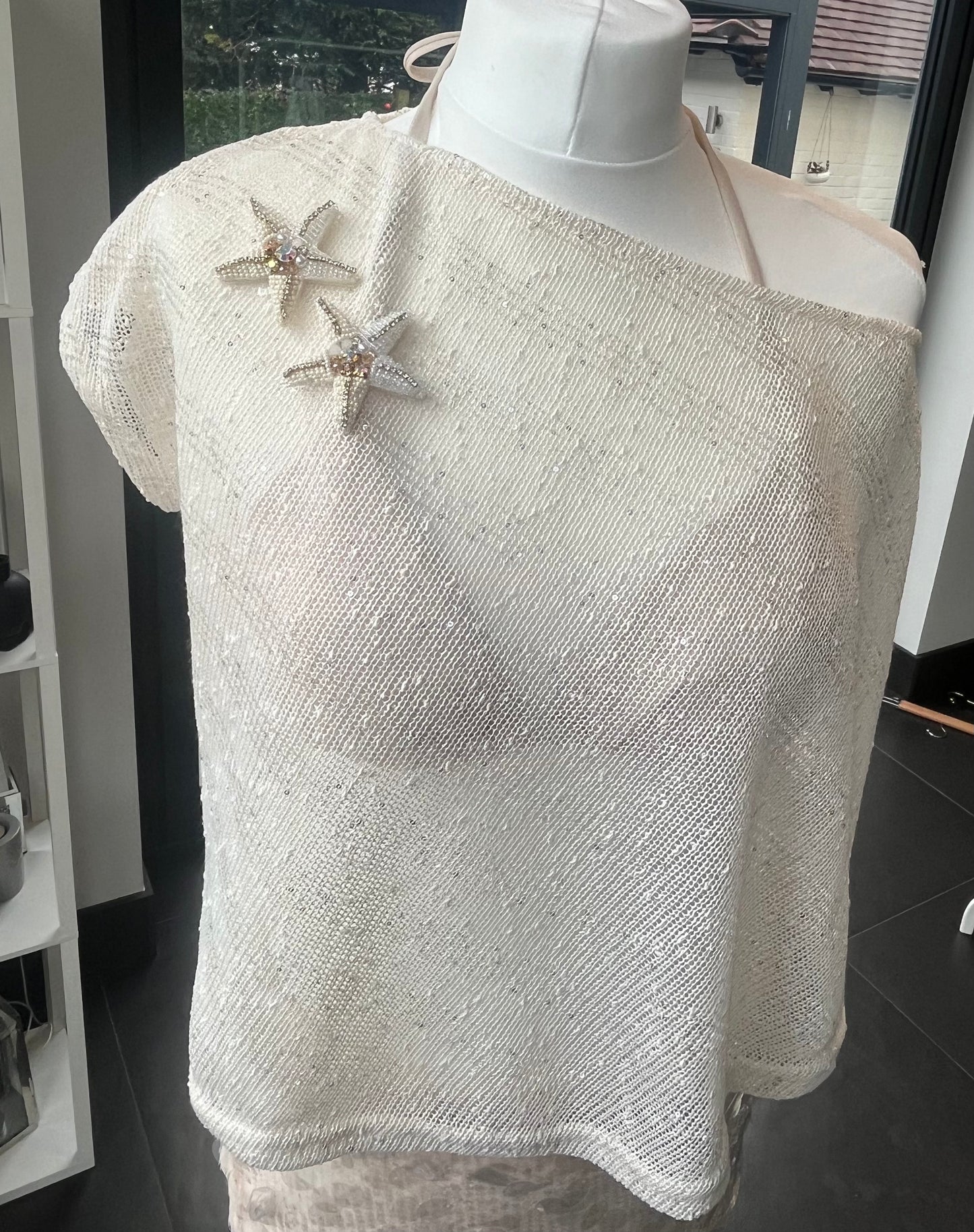Beige double cream starfish poncho cover up