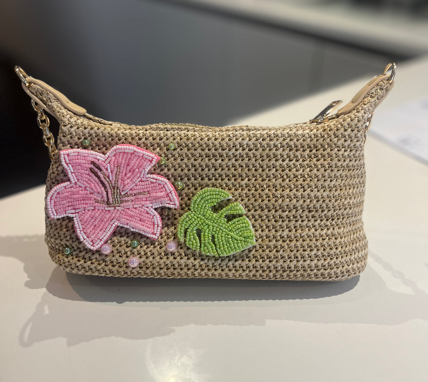 Beige beaded Flora & leaf charm bag