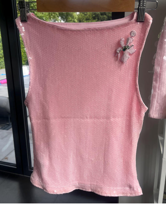 Pink beaded flora sequin Tank top ONLY