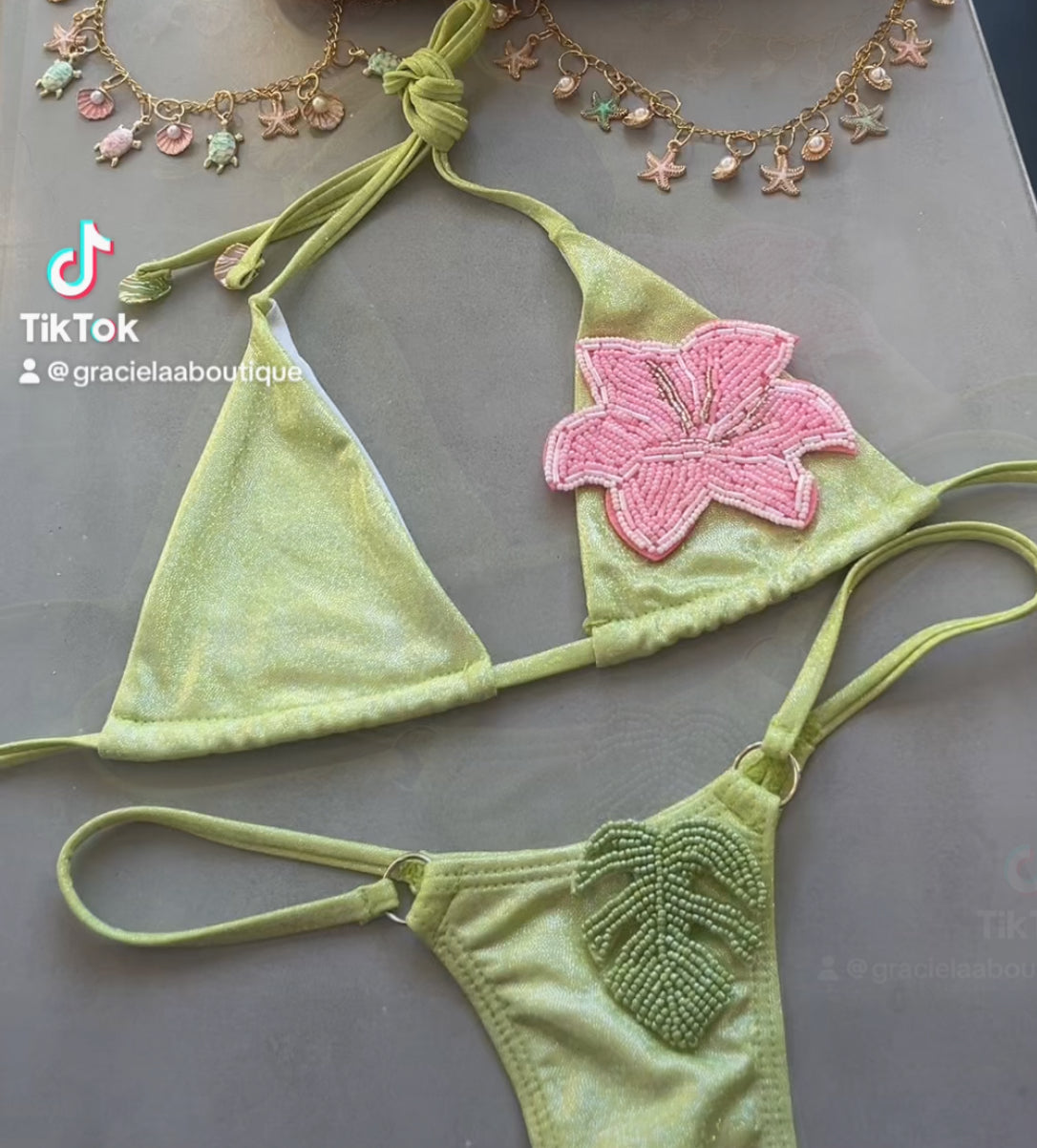 Matcha beaded flora & leaf  Micro & Standard bikinis