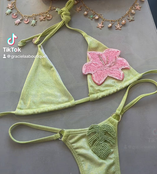 Matcha beaded flora & leaf  Micro & Standard bikinis