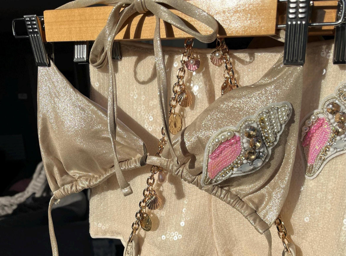 Beige beaded shell bikini