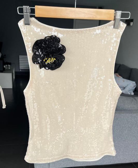 Beige black flora sequin TANK TOP only