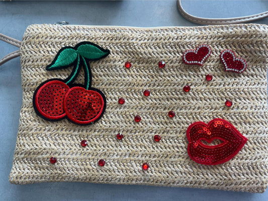 Beige Sequin cherry & lips clutch / pouch bag
