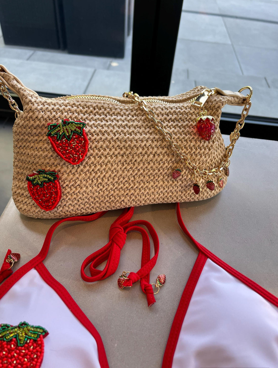 Beige double strawberry charm bag