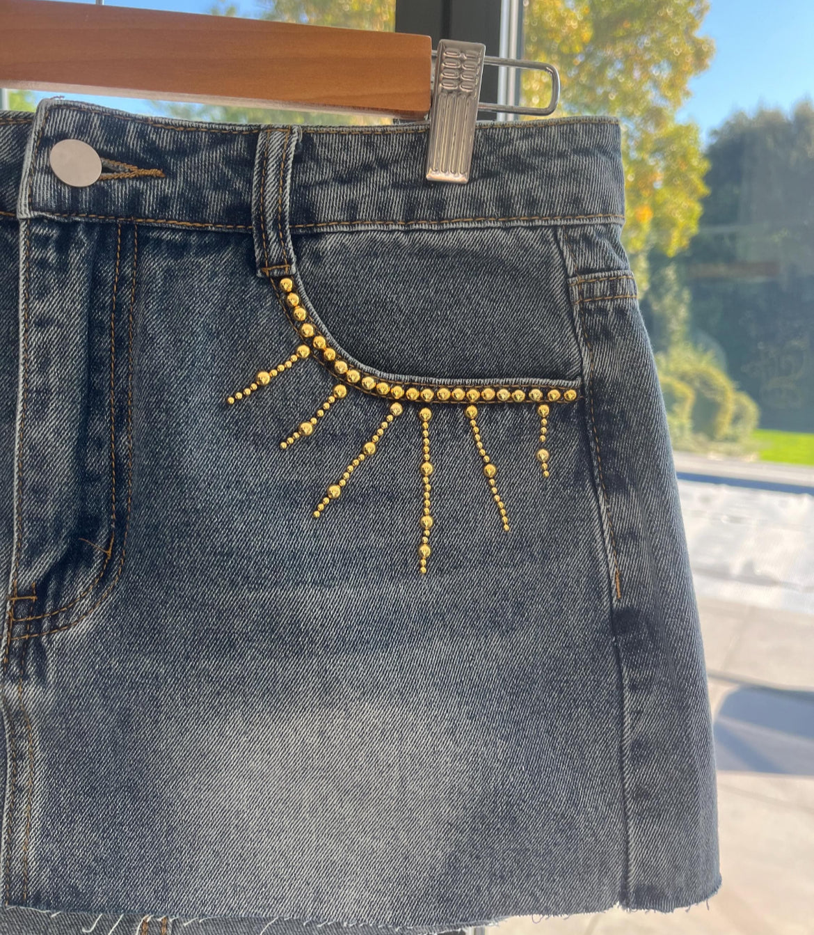 Hibiscus hand beaded denim skirt