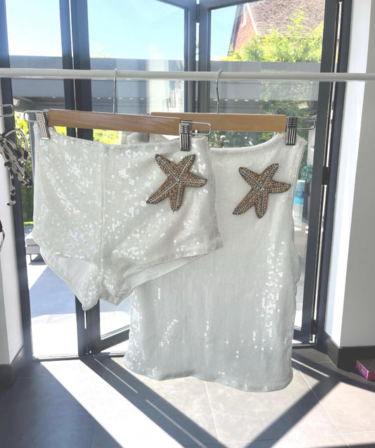 White / gold Gem starfish Tank & shorts SET