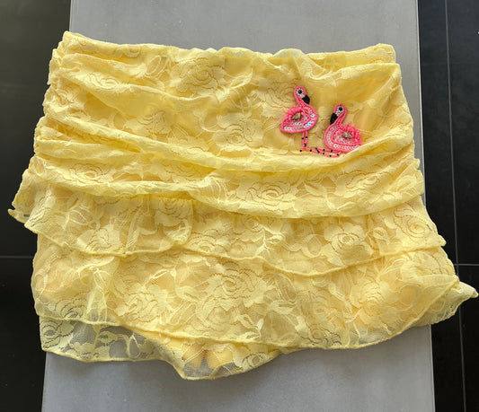 Yellow beaded flamingos lace skort