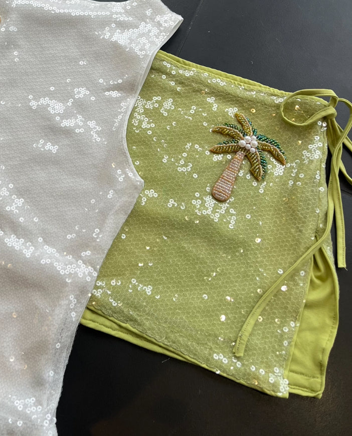 Matcha beaded palm tree sequin skirt