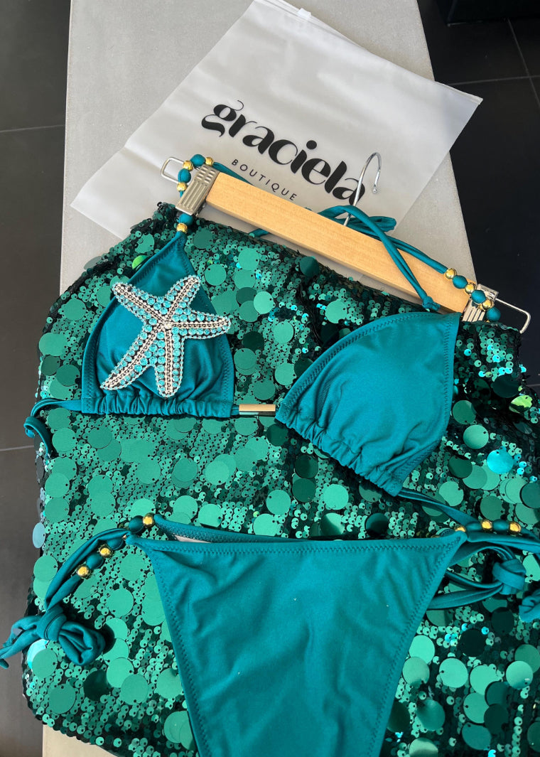Teal / blue Gem starfish sequin skirt