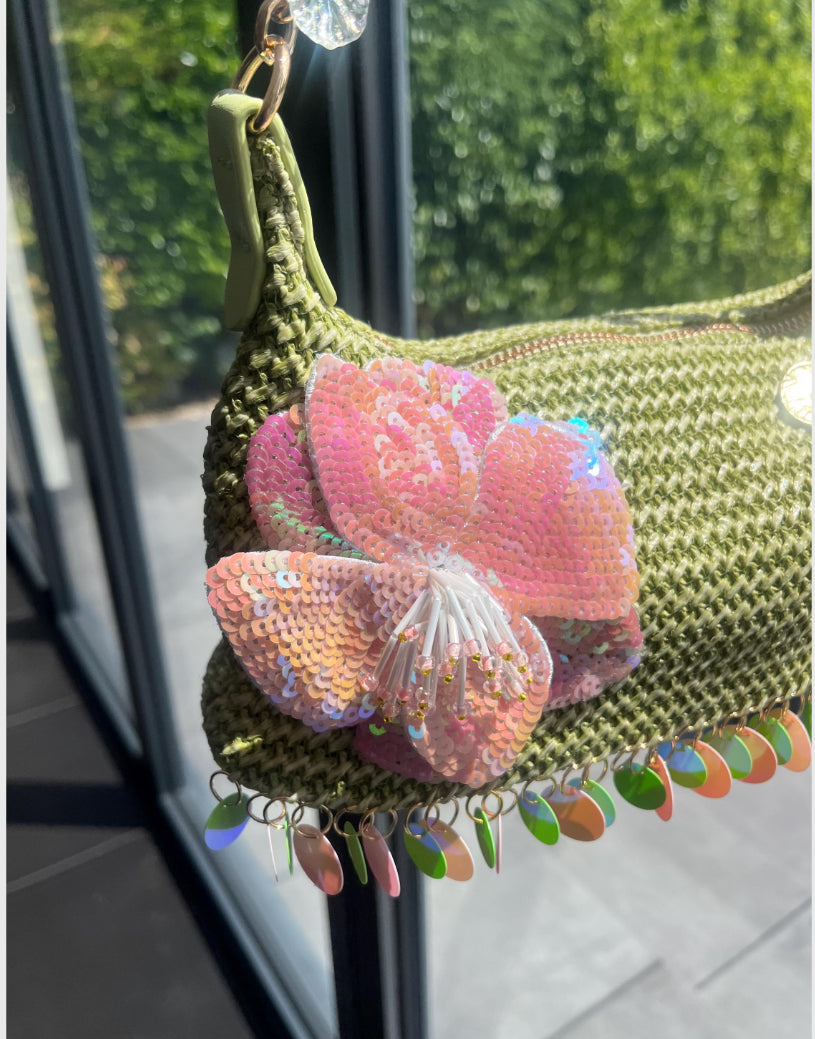Matcha sequin flora charm bag