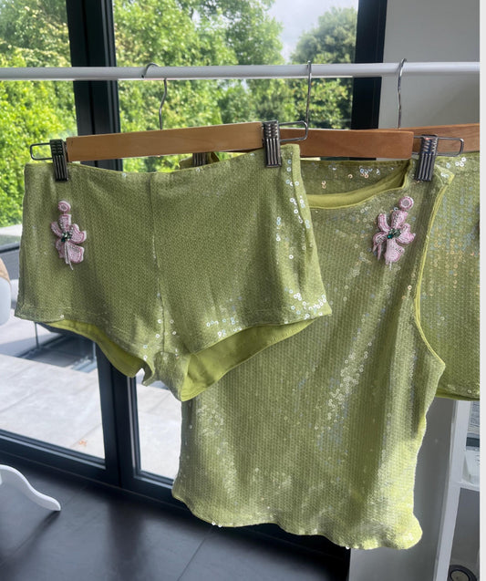 Matcha beaded flora Tank & shorts SET