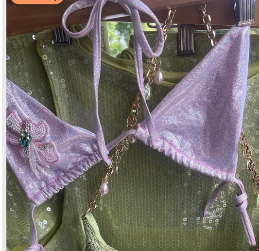 Pink sparkle beaded flora bikini