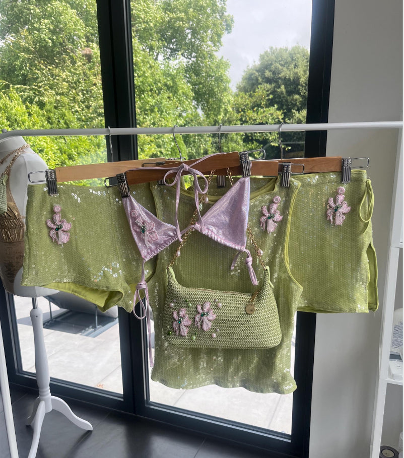 Matcha beaded flora sequin Skirt