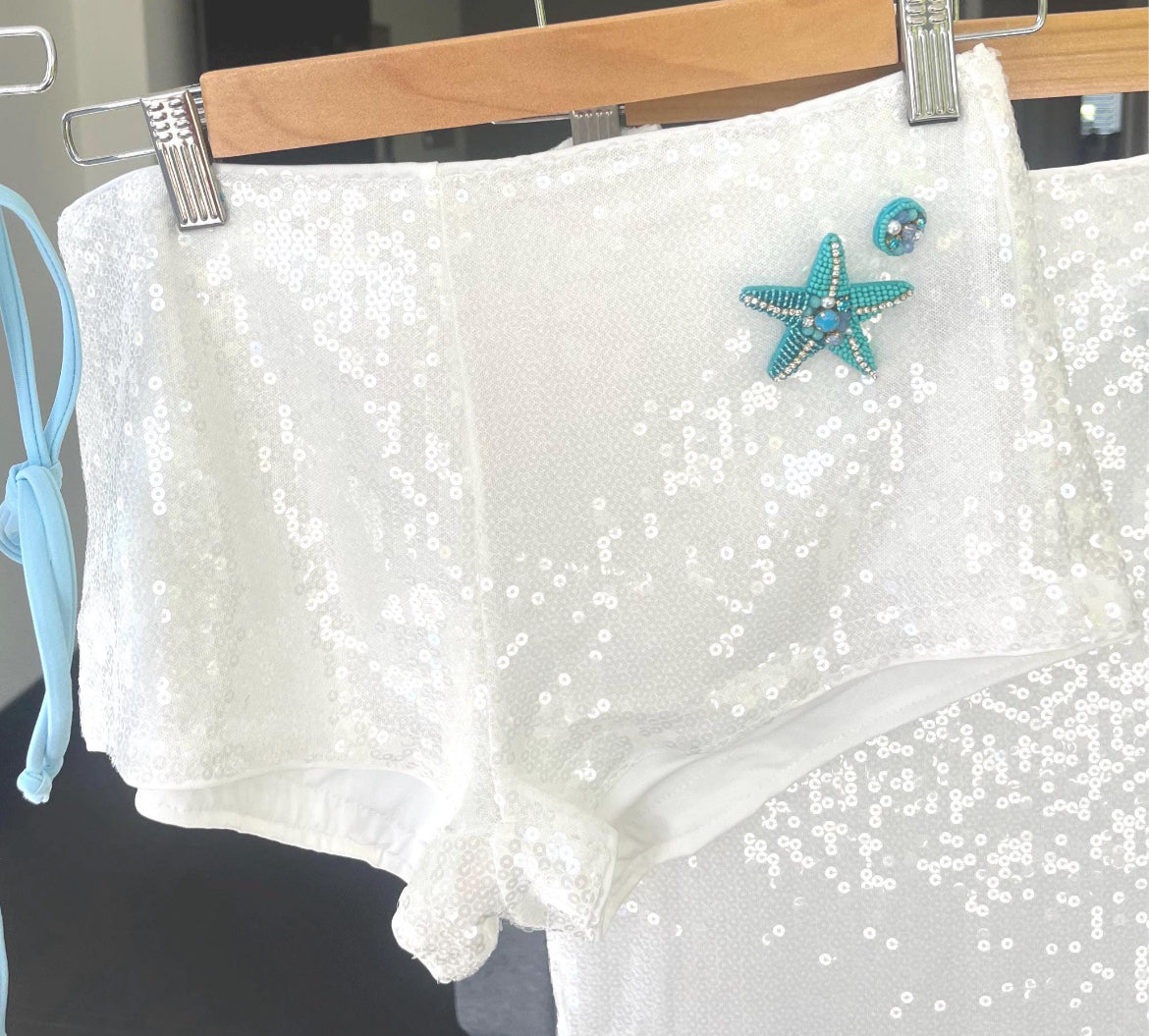 White / blue starfish sequin shorts ONLY