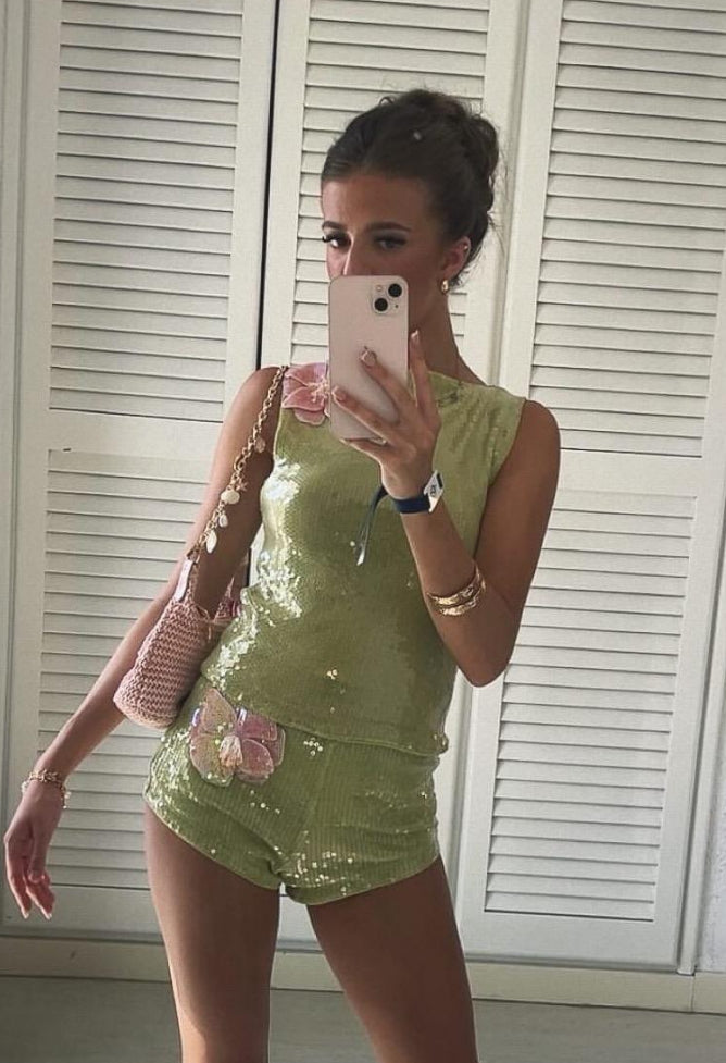 Matcha / pink flora sequin SHORTS ONLY